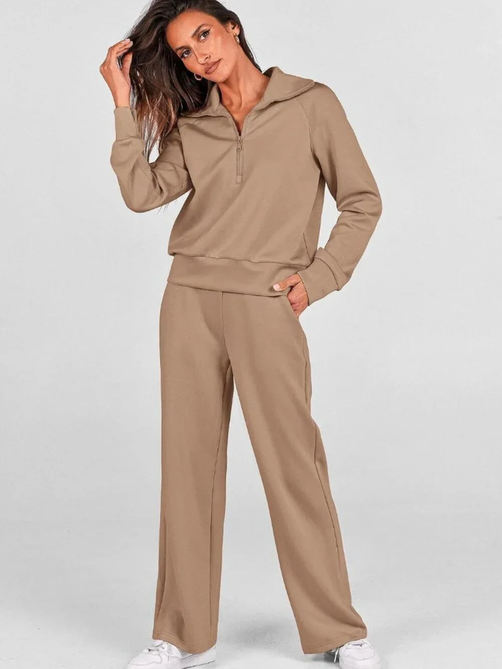 PRETTYGARDEN 2 Piece Lounge Set Sweatsuit Khaki L